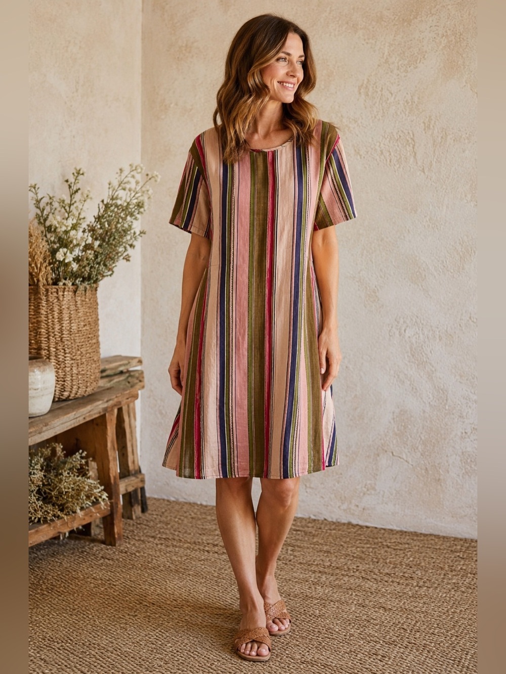 Swaggy Fit Striped Shift Dress L Pink Olive Casual Cottagecore